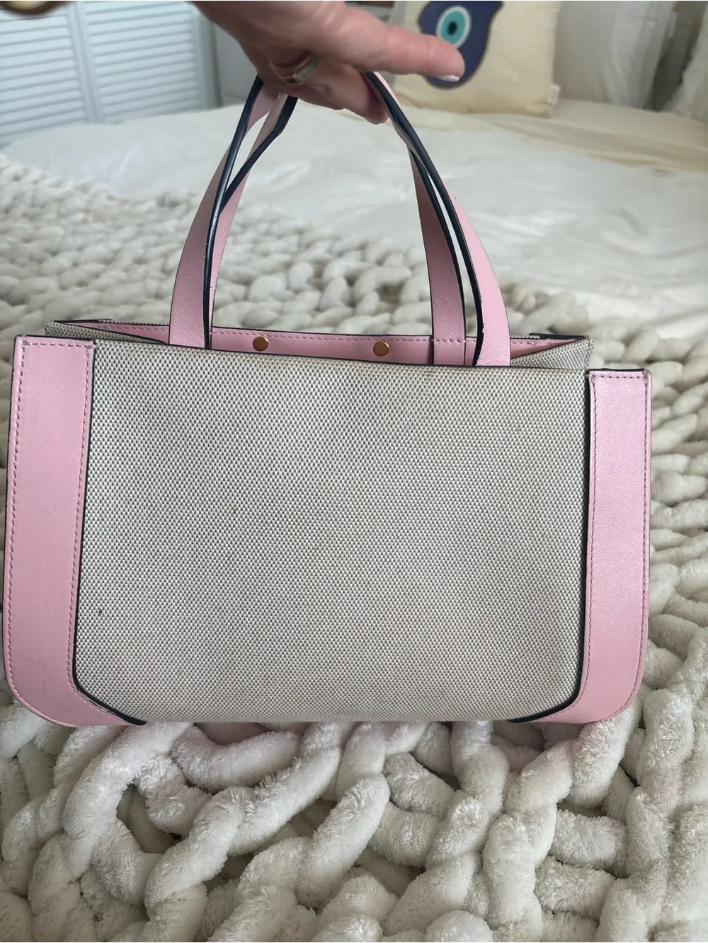 Valentino Garavani Beige Canvas Satchel with Pink Trim and Gold V Logo